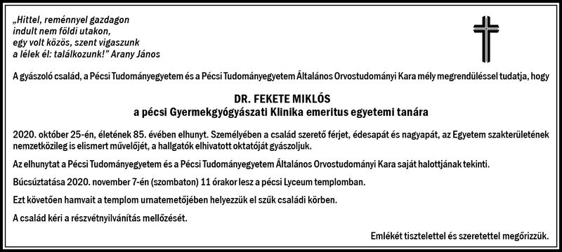 Gyászhír – elhunyt dr. Fekete Miklós