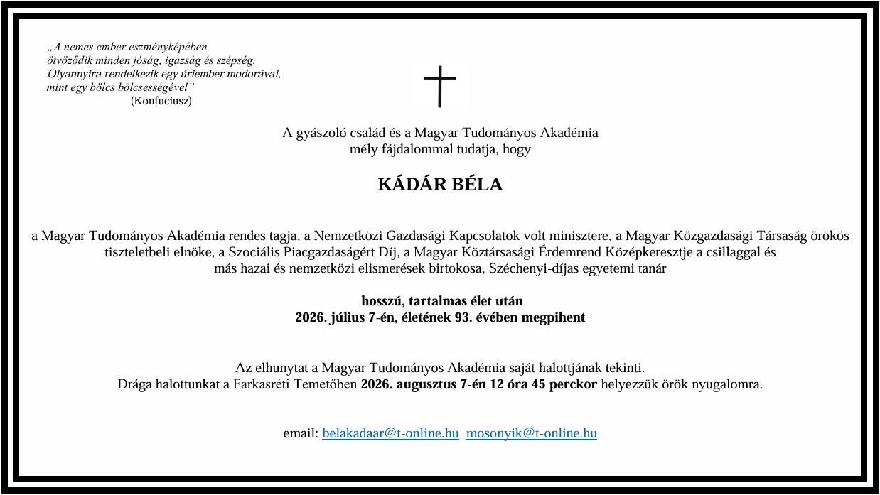 Gyászhír – elhunyt Kádár Béla, a PTE díszdoktora