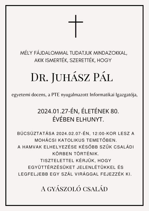 Gyászhír – elhunyt Dr. Juhász Pál egyetemi docens, egykori informatikai igazgató